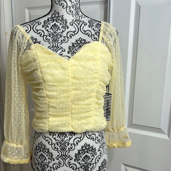 Haute Monde Yellow Ruched Blouse with Sheer Sleeves - Picture 1 of 5